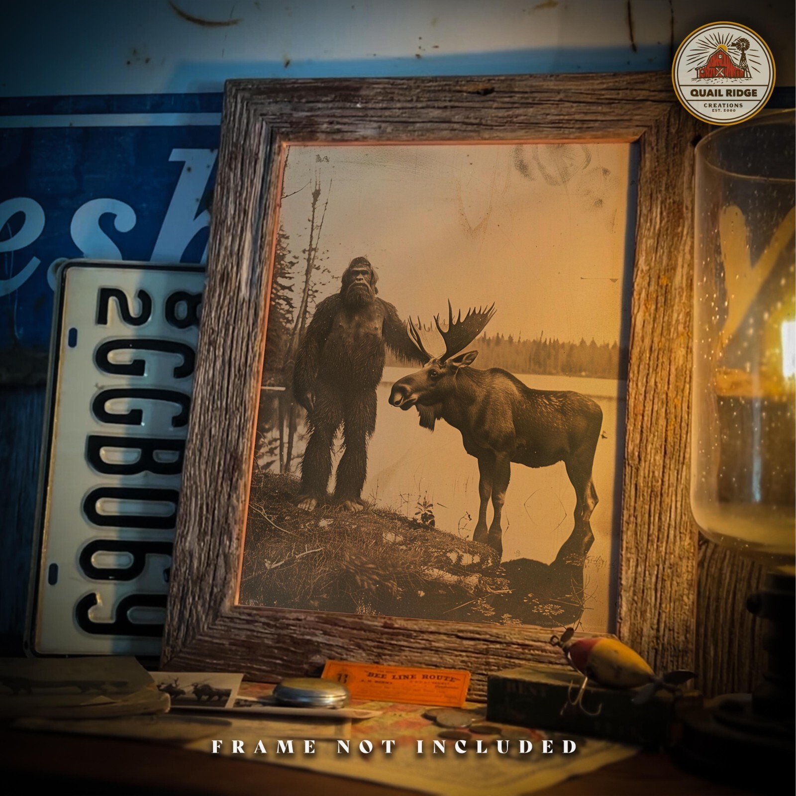 Vintage Bigfoot Sasquatch Moose Photography Art Print Deer Hunting Cabin Artwork