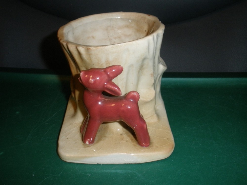 Vintage Ceramic Deer at Tree Stump Planter 3.5"x4"x3.5" EUC