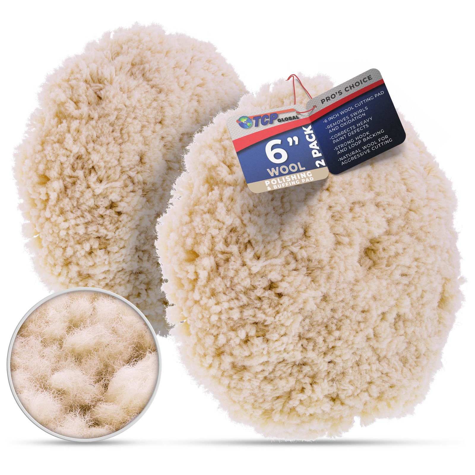 6" 100% Wool Hook & Loop Grip Buffing Pad for Compound Cut & Polishing 2 Pack
