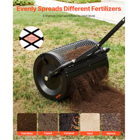 VEVOR 16.5in Compost Spreader Peat Moss Roller T Handle Lawn Seeder