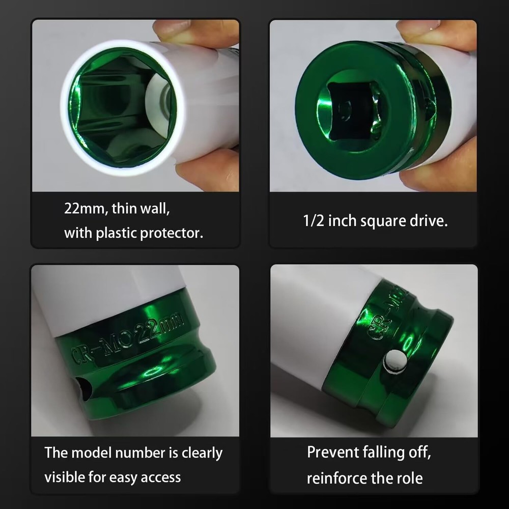 22mm 1/2" Drive Wheel Protector Impact Socket, Non-Marring Lug Nut Thin 22MM