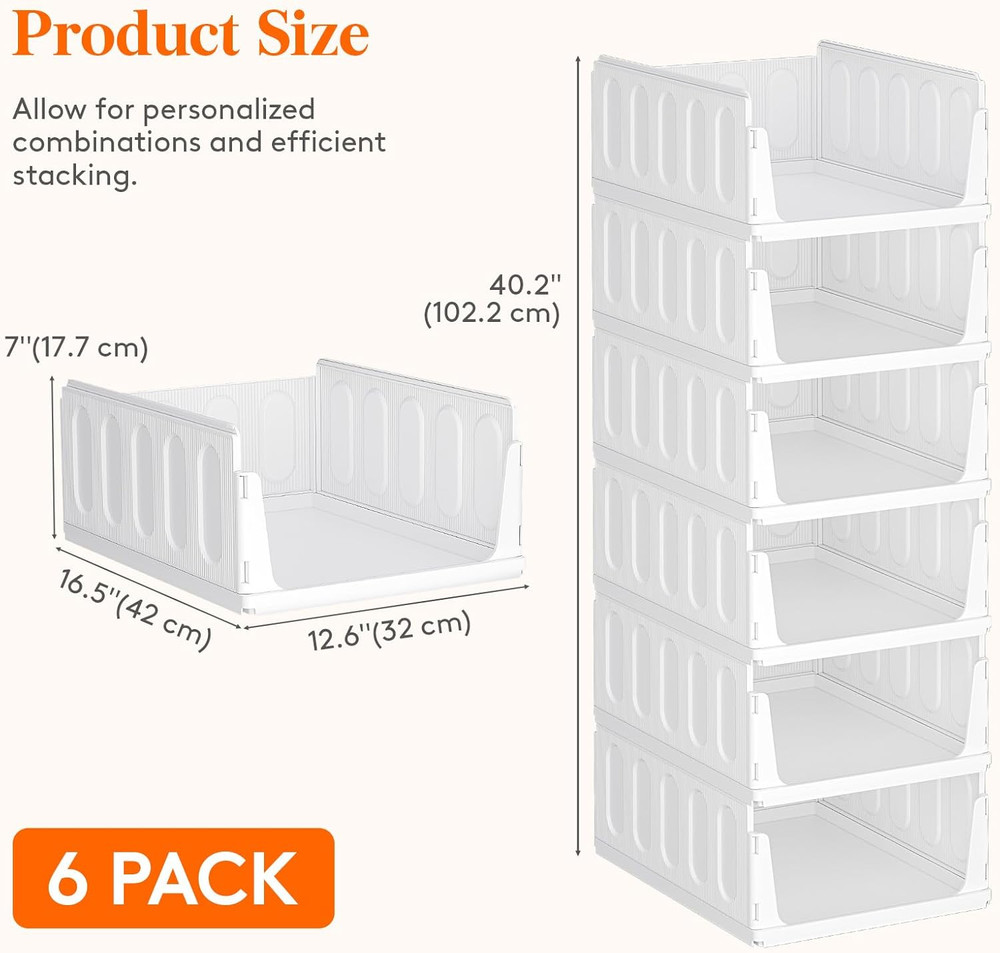 6 Pack Stackable Closet Organizers and Storage Basket for Clothes, Plastic Sweat