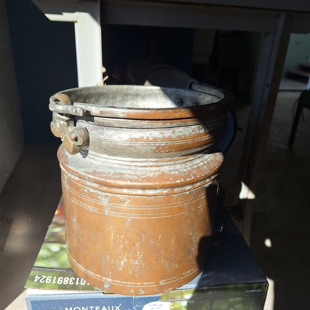 Antique Hand Hammered Copper Pot Kettle Container Vessel With Hanging Handle