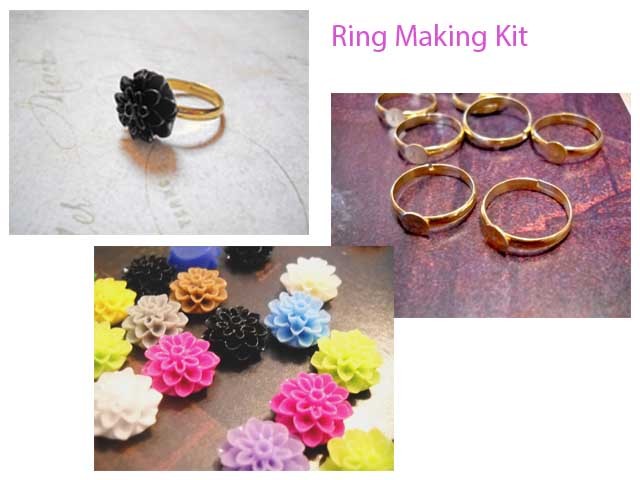 Ring Making Kit Ring Blanks Resin Flower Flatbacks Cabochons Makes 5 Rings