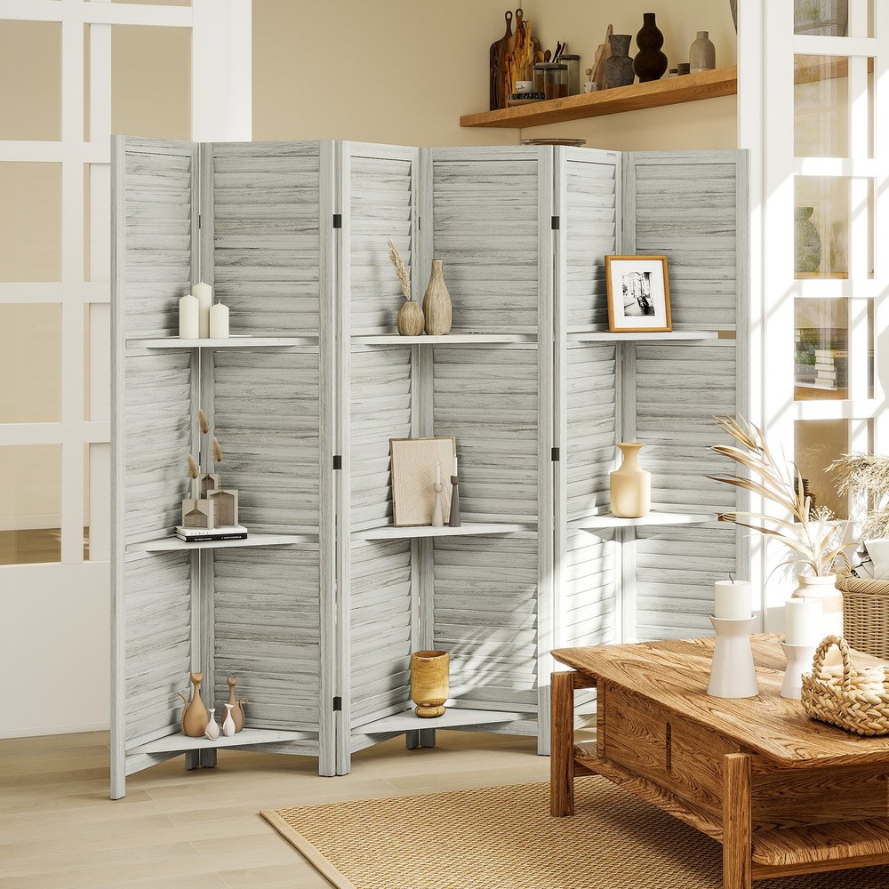 6 Panel Privacy Screen, Room Divider with 3 Shelves, White