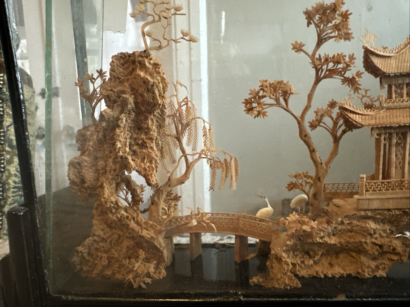 VTG Fujian Chinese Art Sculpture Diorama Cork Wood Carving Trees Crane Pagoda