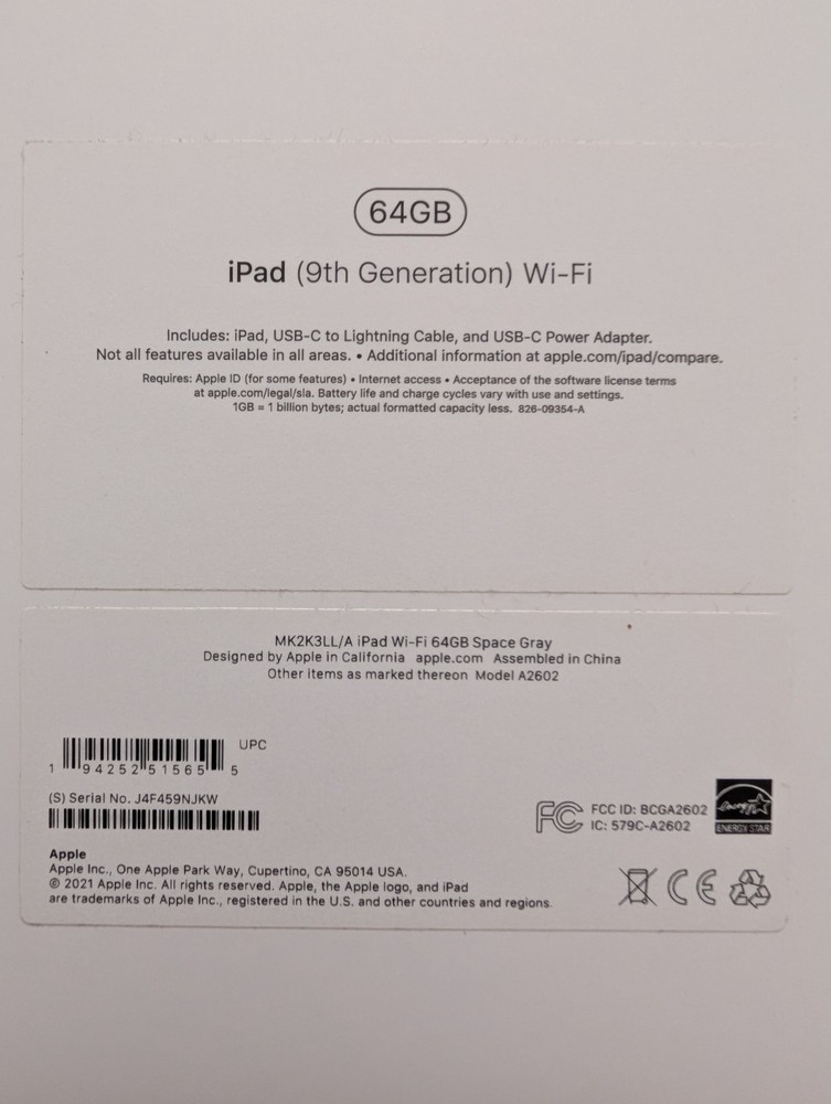 Apple iPad 9th Gen 64GB Wi-Fi Empty Box Only Original Packaging