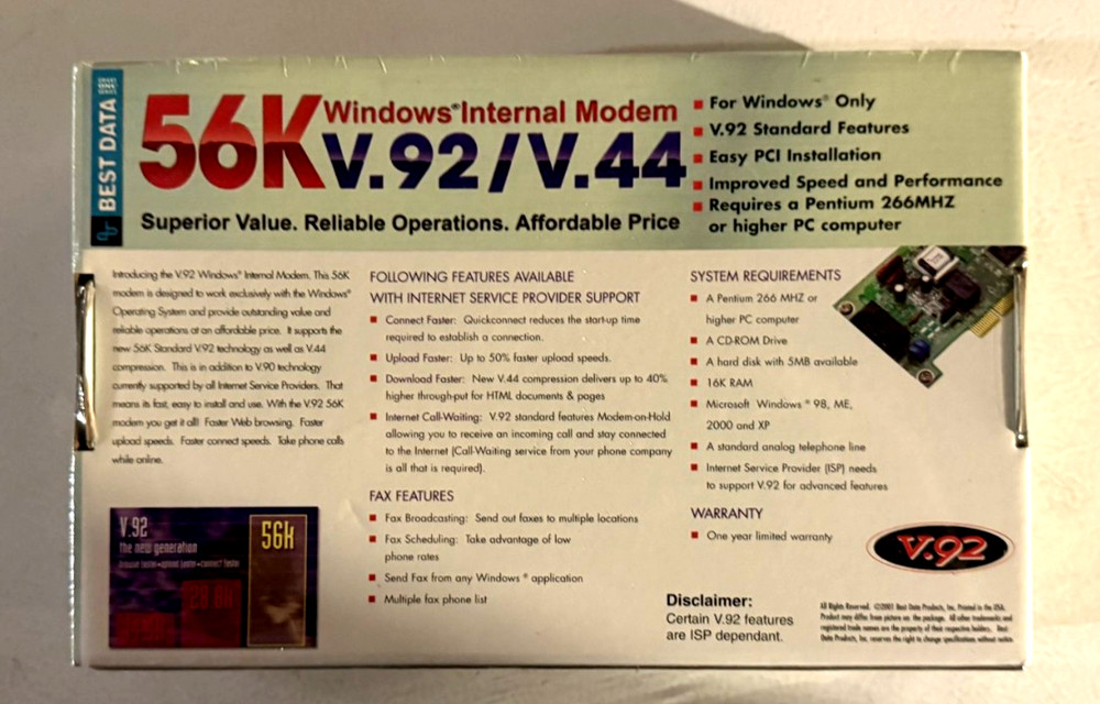 Best Data Windows 56K V.92/V.44 Windows Internal Modem - Smart One Series V.92