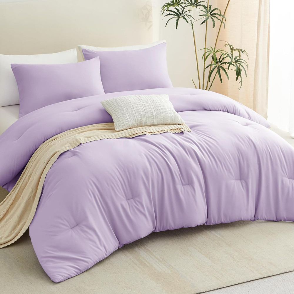 Lavender King Size Comforter Set, 3 Pieces Light Purple Solid Breathable Quilted