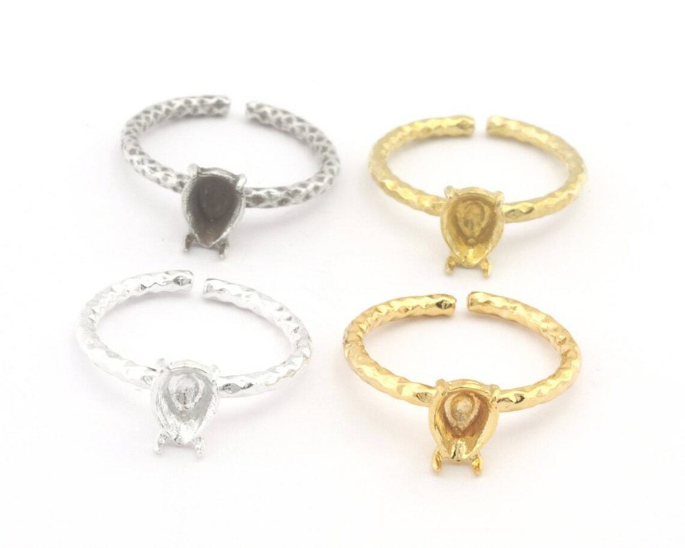 Pear Hammered Ring Base Adjustable Ring Bezel Silver,Raw,Shiny silver-gold 4571