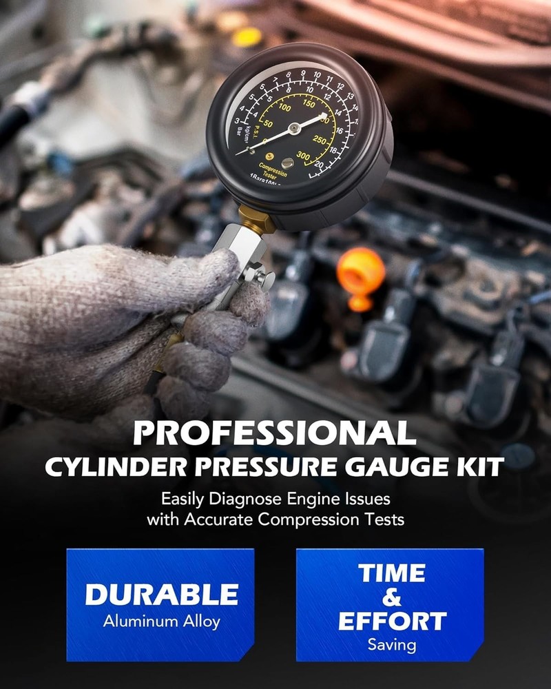 Engine Compression Tester Kit, 9 pc Cylinder Compression Tester Kit with Spar...