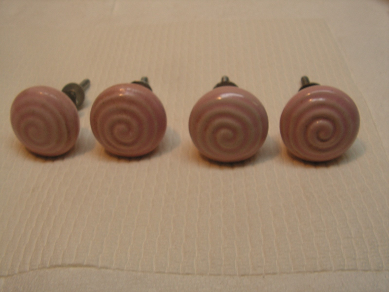 4 Vintage Porcelain Drawer Pull Handle PINK SPIRAL Cabinet Knobs NICE!