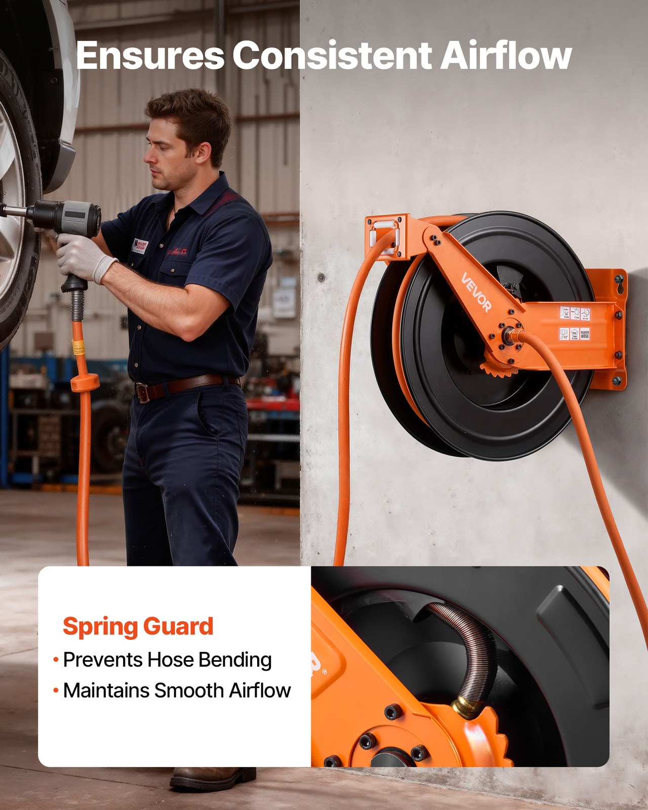 VEVOR Retractable Air Hose Reel 50 FT x 1/2 Inch Air Hose Reel with Double Arm