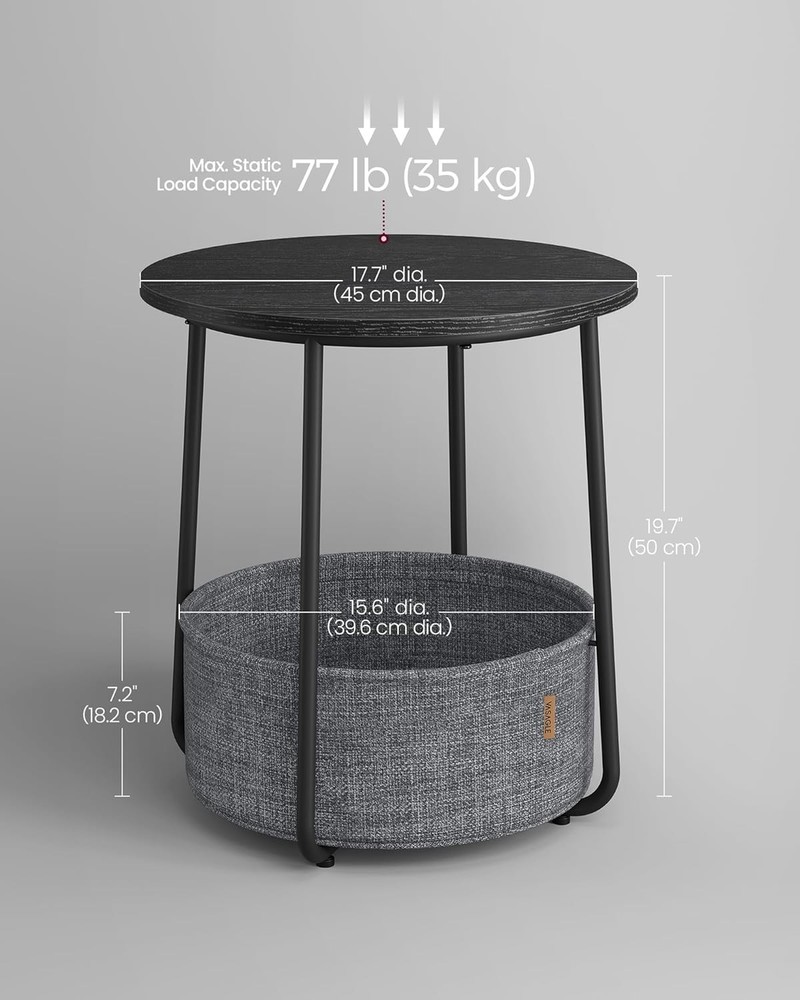 Collection Small Round Side End Table Modern Nightstand W/ Fabric Basket Durable