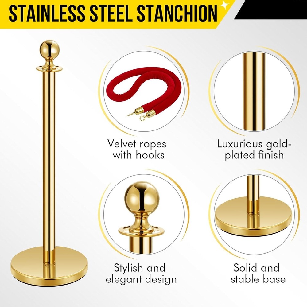 US 2PCS Golden Crowd Control Barrier Stanchion Set Posts Queue Pole Velvet Ropes