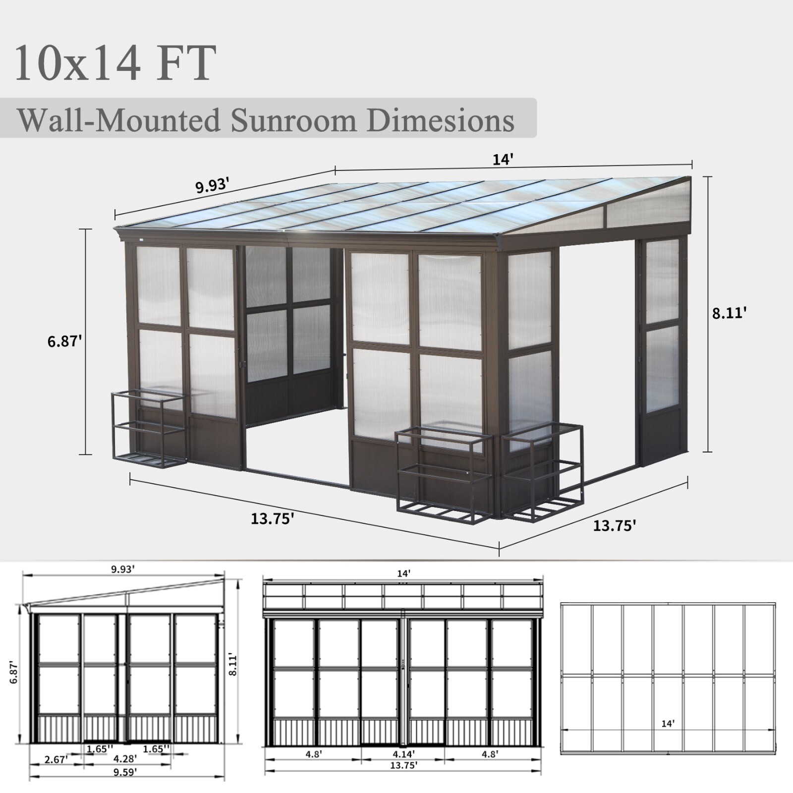 Domi 10x14FT Wall Mounted Sunroom with PC Roof and Lockable Sliding Doors