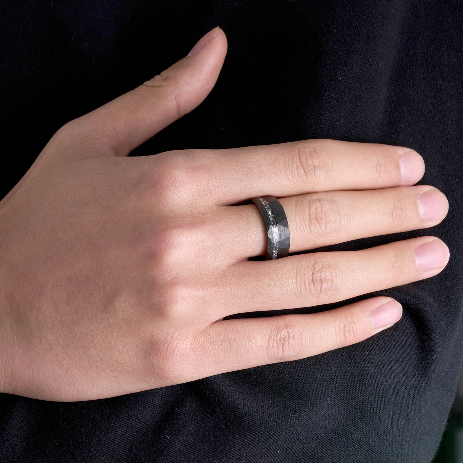 8mm Black Meteorite Tungsten Ring Sliver Line Mens Wedding Band ATOP Jewelry