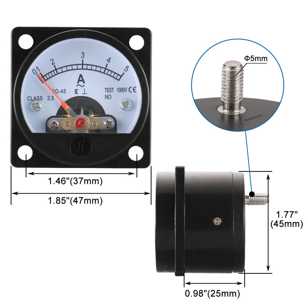 Round Ammeter SO-45 Analog Panel Meter Class 2.5 Accuracy AC 0-5A Black
