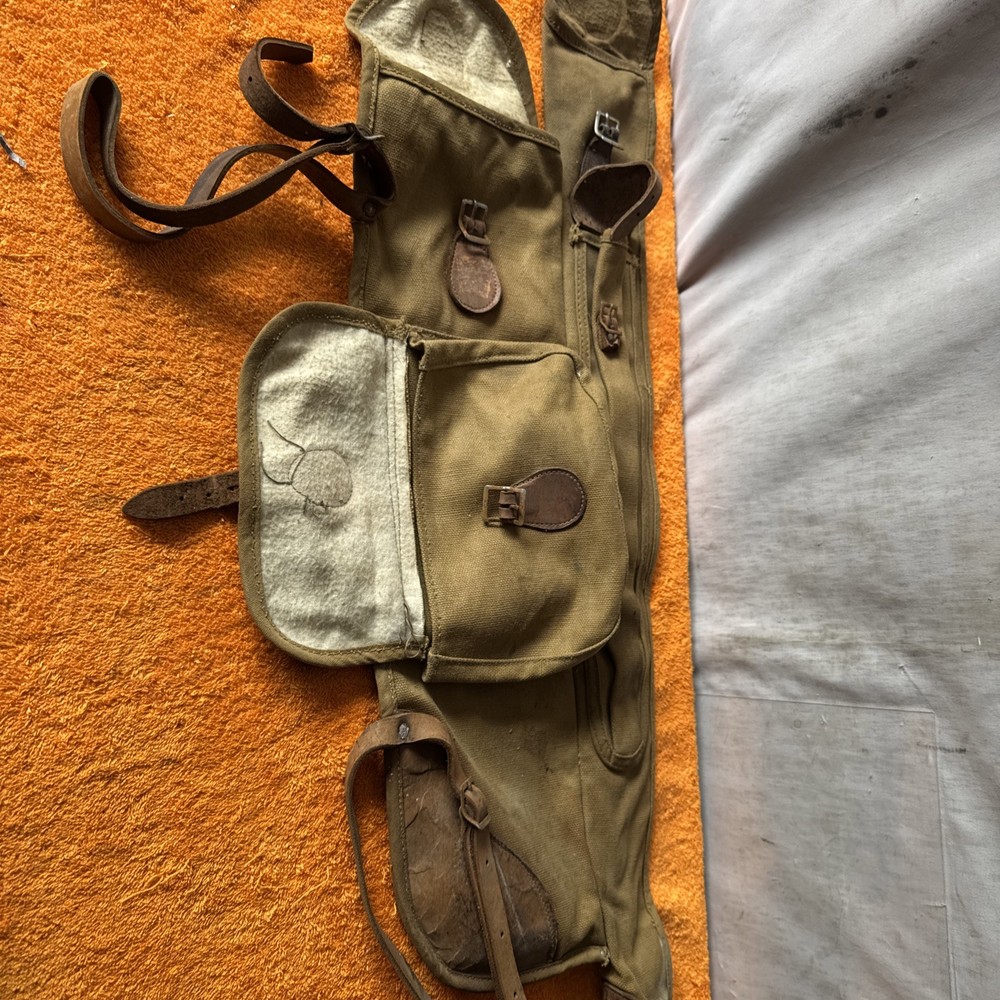 M•Vintage Antique Green Canvas & Leather Padded Military Carry Bag 32”Long