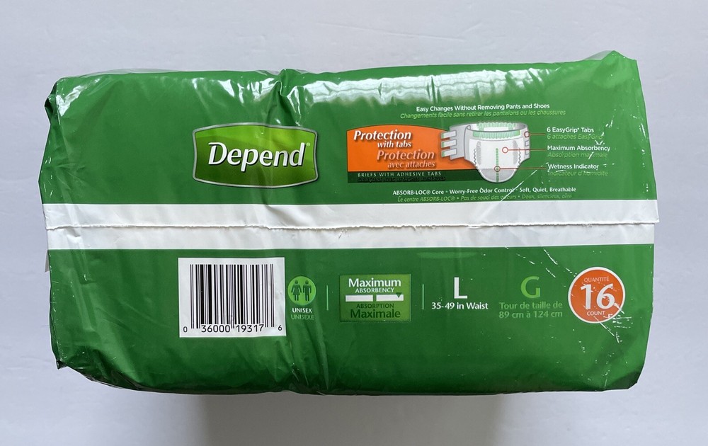 Depend Incontinence Briefs Adhesive Tabs Maximum Absorbency Large Unisex 16 Ct.