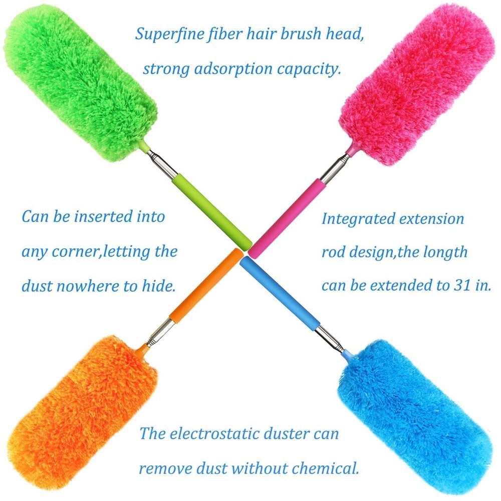 4 Pcs Washable Microfiber Feather Duster, with Extendable Pole and Bendable H...