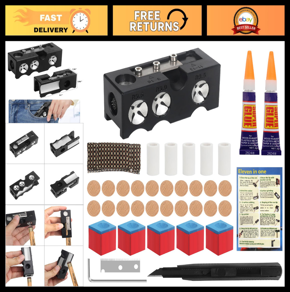11-in-1 Pool Cue Tip Replacement Kit - 20 Tips, 5 Chalks & Repair Tool Set