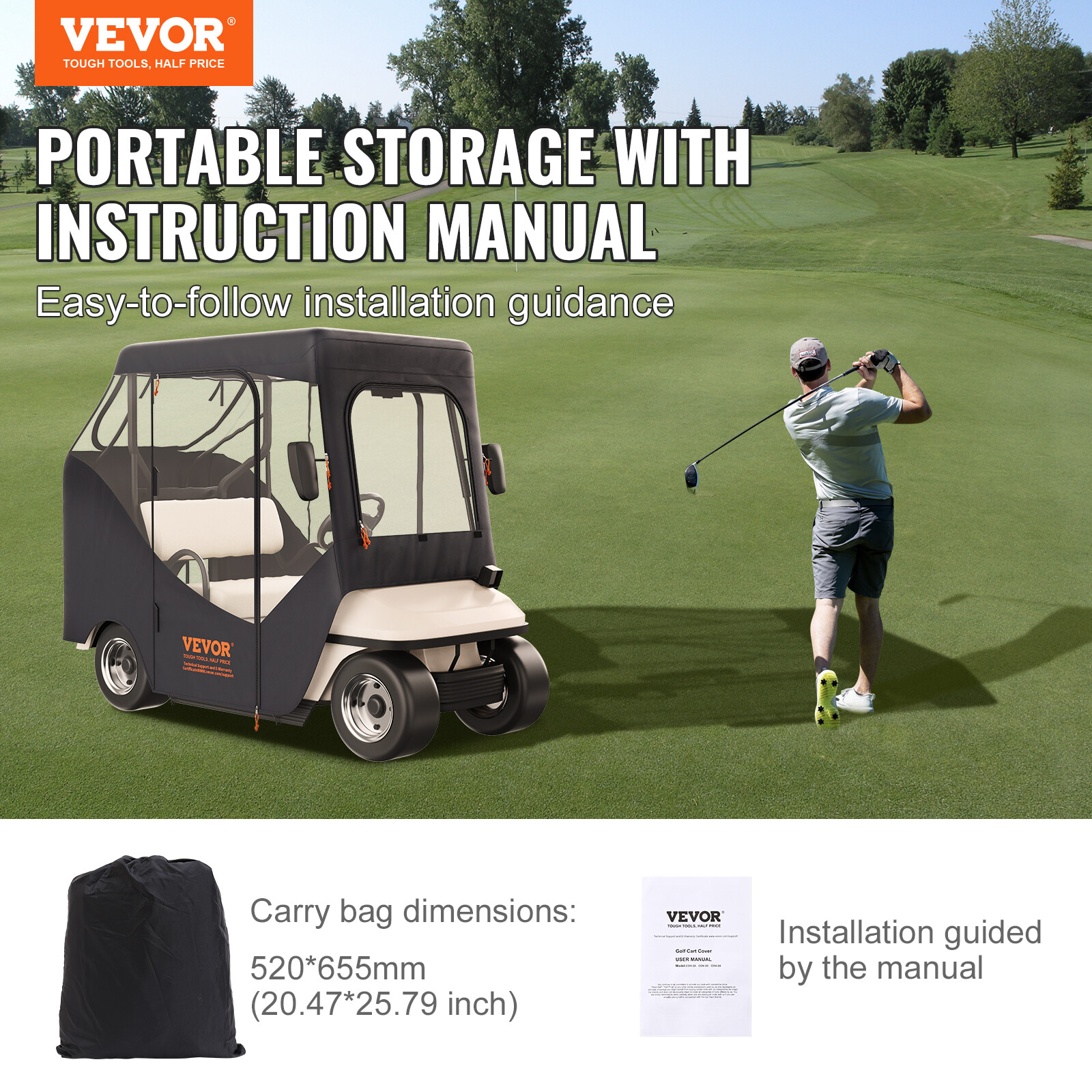 VEVOR 2 Passenger Golf Cart Cover Waterproof Driving Enclosure 600D Polyester