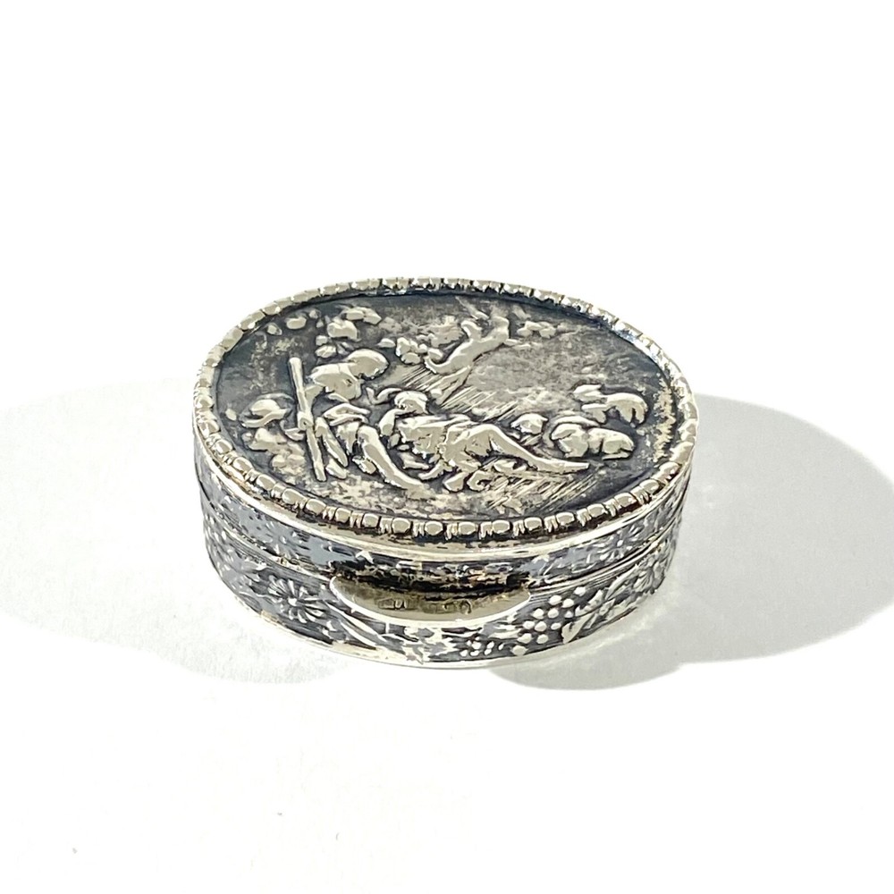 Antique Solid Silver Italian Pillbox , Hallmarked with romantic scene