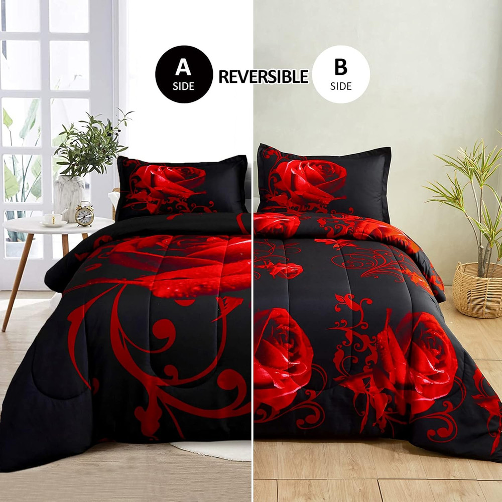 Red Comforter Set Queen Reversible Red Rose Pattern Printed Bedding down Comfort
