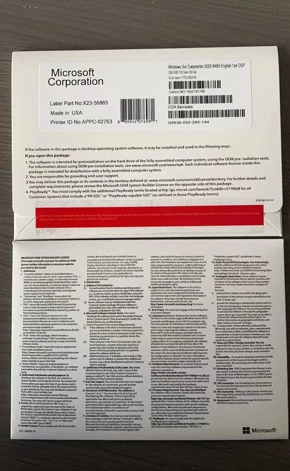 Microsoft Windows Server 2025 Datacenter 64Bit 16 Core 50 CALs DVD + Key Sealed
