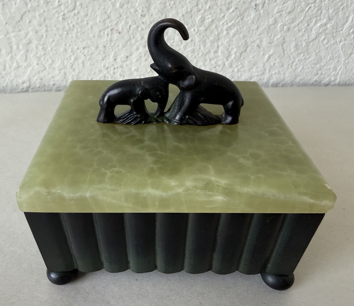 Antique Vtg Trinket Jewelry Box Green Onyx Austria Elephant Sculpture Art Deco