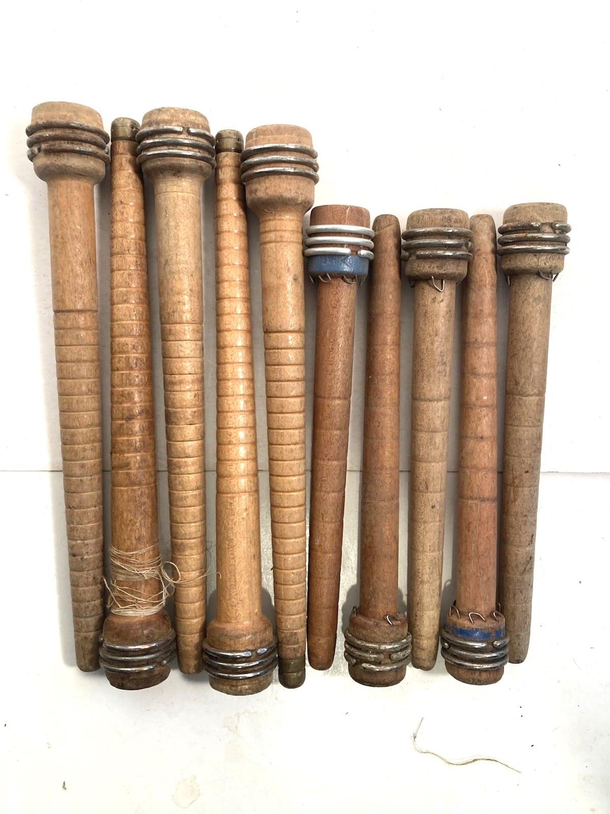 Wood Bobbins Quills Vintage Factory Reclaimed, 8 3/4 and 7 3/8", lot of 10