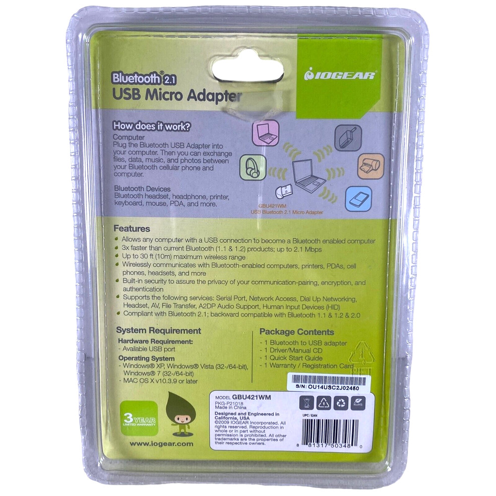 IOGear Bluetooth 2.1 USB Micro Adapter GBU421 MAC or PC - 30 Foot Wireless Range
