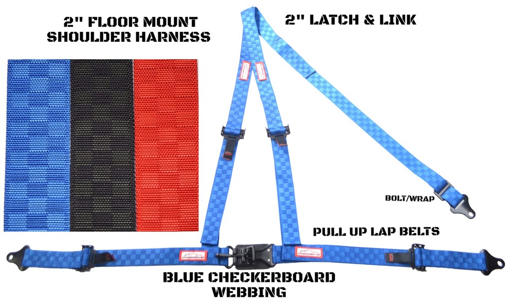 RACERDIRECT 2" LATCH & LINK FLOOR MOUNT HARNESS 3 PT PULL UP BLUE CHECKERBOARD
