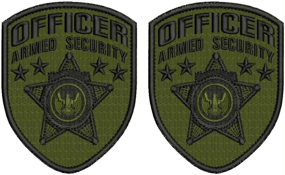 OFFICER ARMED SECURITY 2 EMB PATCH SHOULDER 4.5X3.7 5 HOOK ON BACK BLACK OD