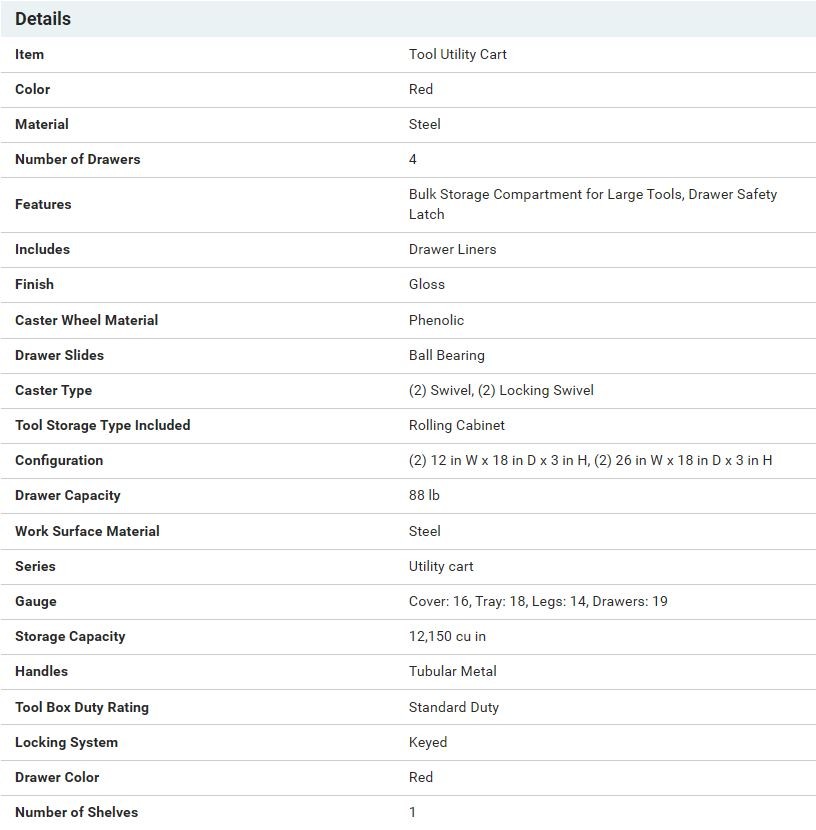 Rolling Tool Utility Cart Red 4 Drawer 30"Wx38"Hx20"D 250lb Cap Westward 2CZY5