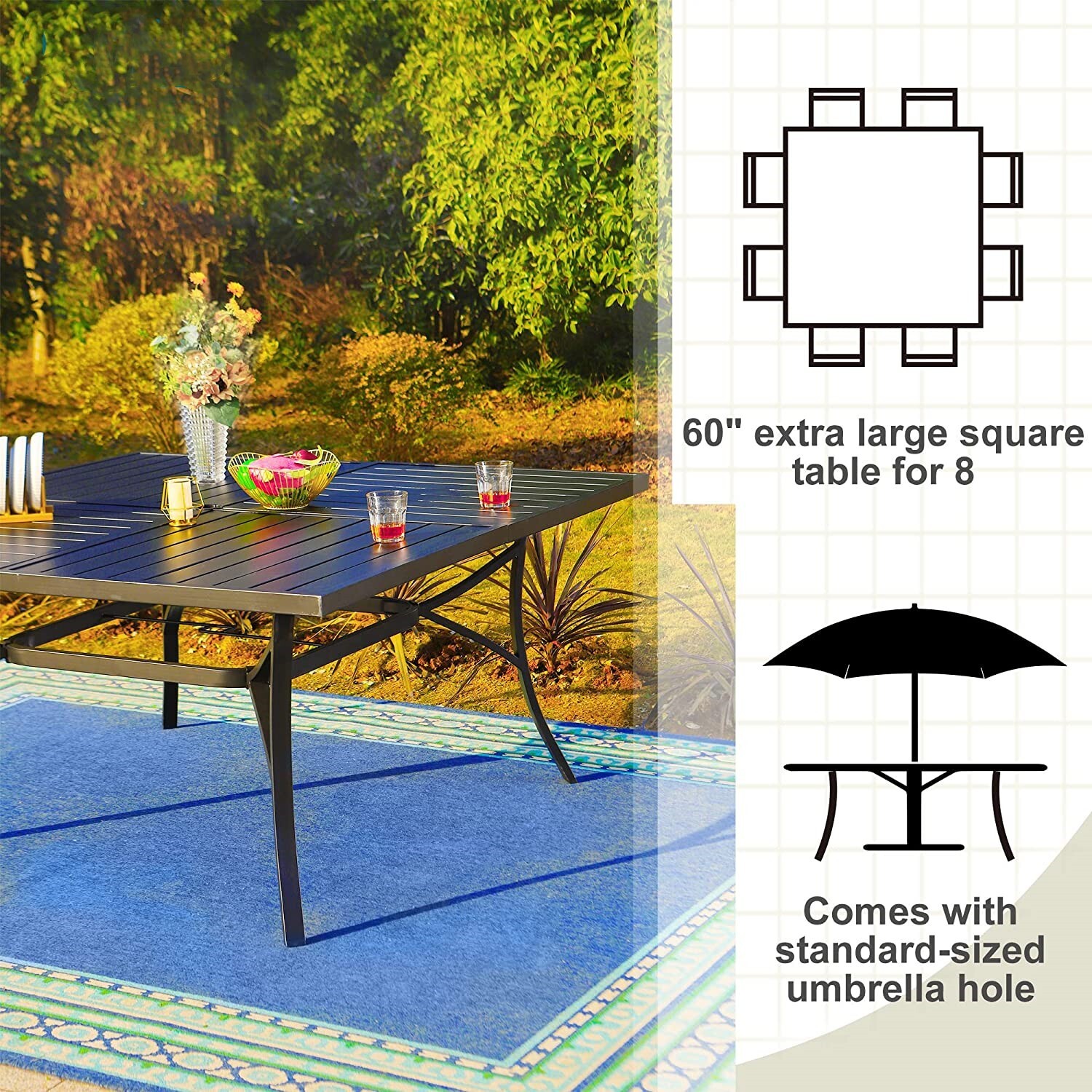PHI VILLA Outdoor Dining Table Patio Table 60''x60'' Square Table for 8 Person