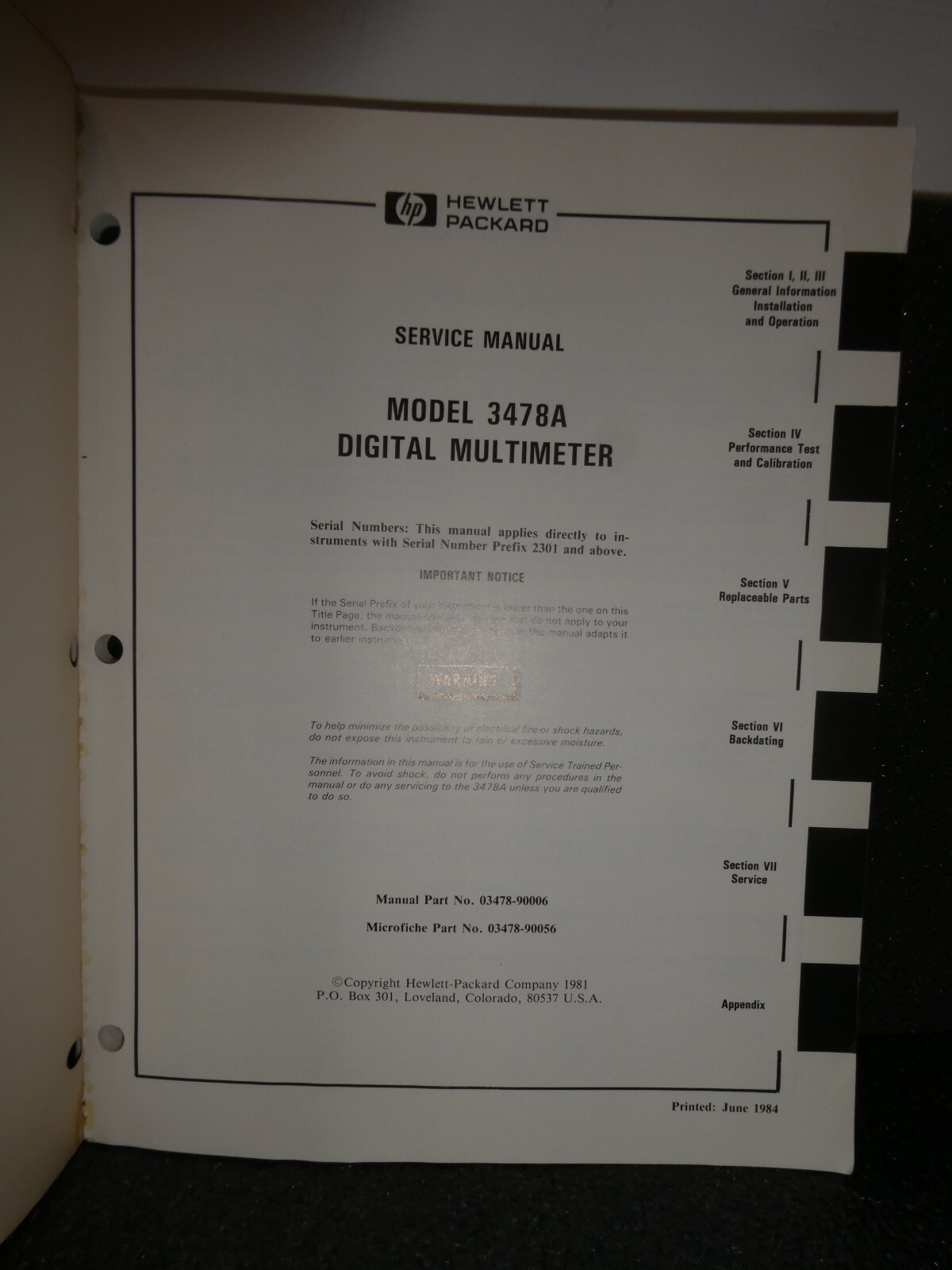 HP 3478A Digital Multimeter Service Manual (Serial Number 2301 and above)