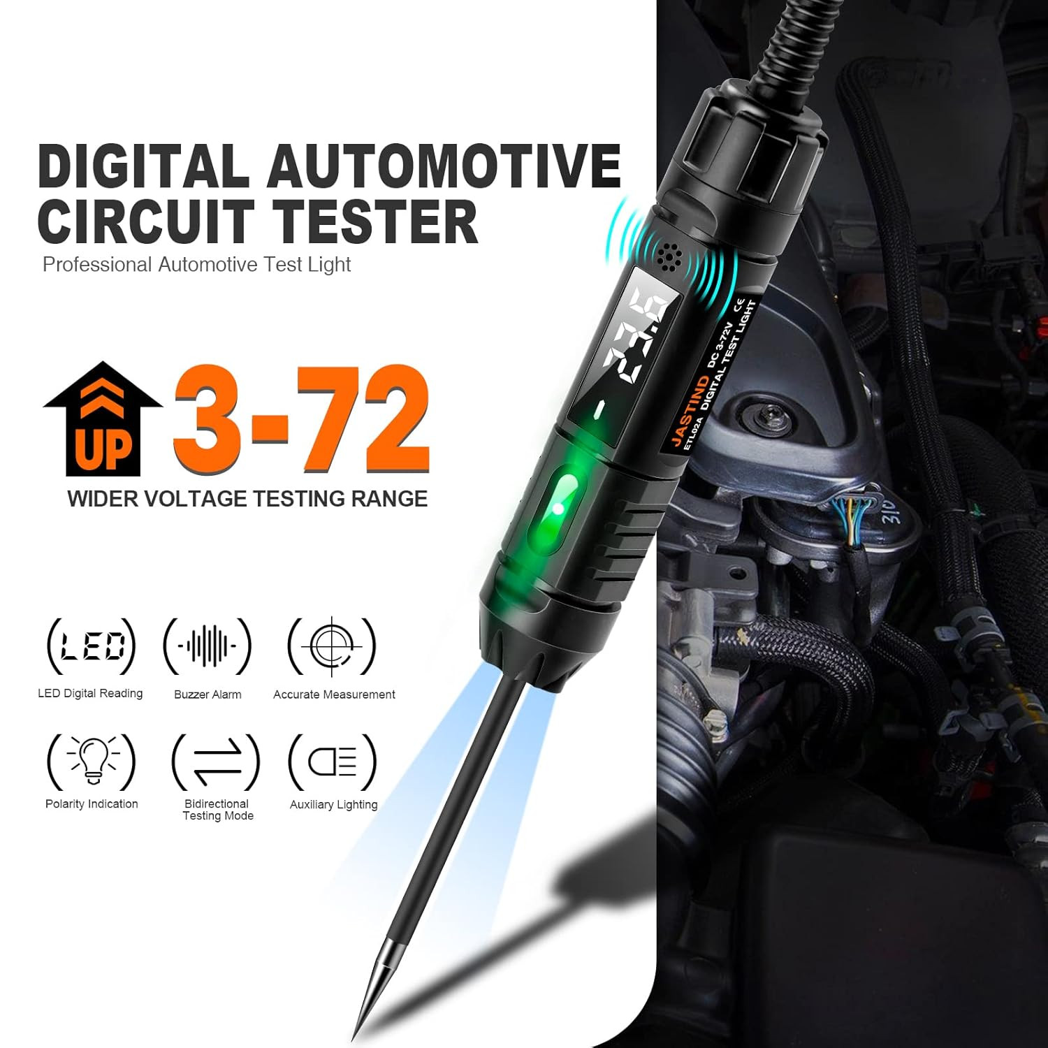 Heavy Duty 3-72V Digital LED Automotive Test Light, Circuit Tester with Polarity