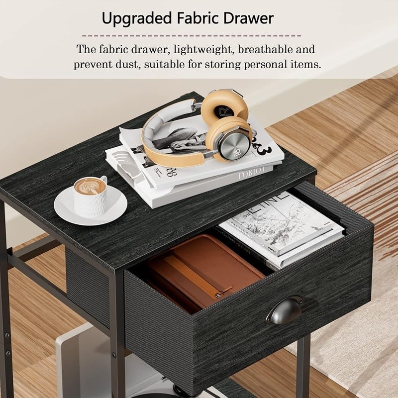 Sturdy Bedside Table W/ Fabric Drawer 3-Tier Storage Multi-Function Unit New