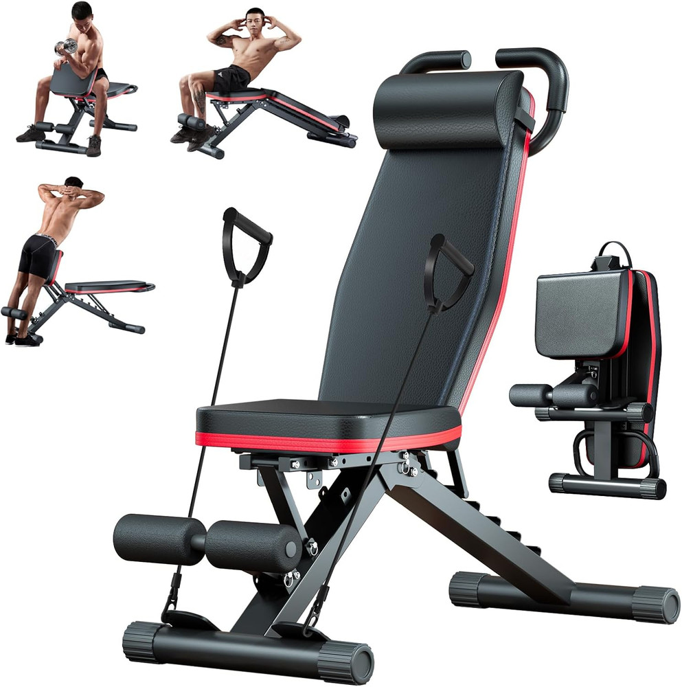 Adjustable Weight Bench, Workout Benches with Leg Extension & Extended Headrest,