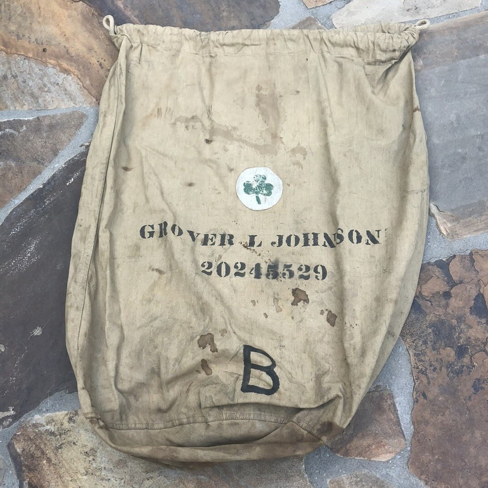 ORIGINAL WWII WW2 US Army Infantry Barracks Bag Laundry Carry Bag Khaki - Named