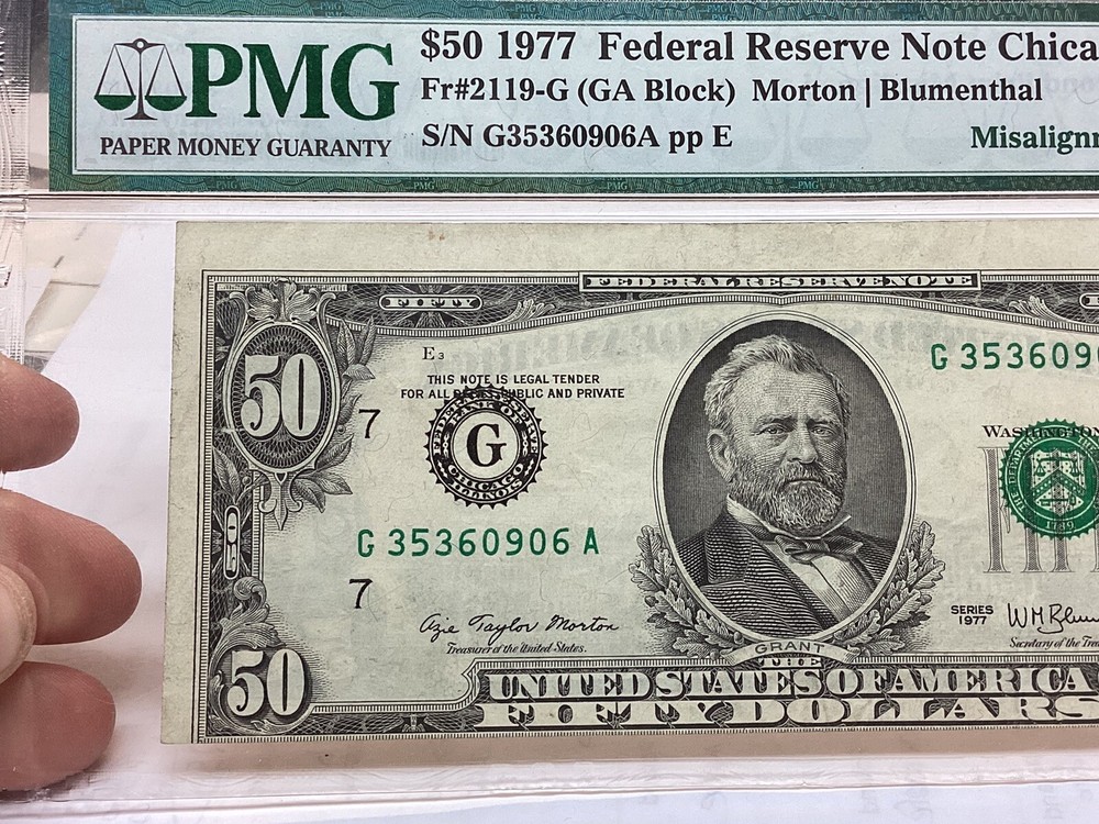 $50 1977 PMG 45 Misalignment Error Second Print Fr#2119-G