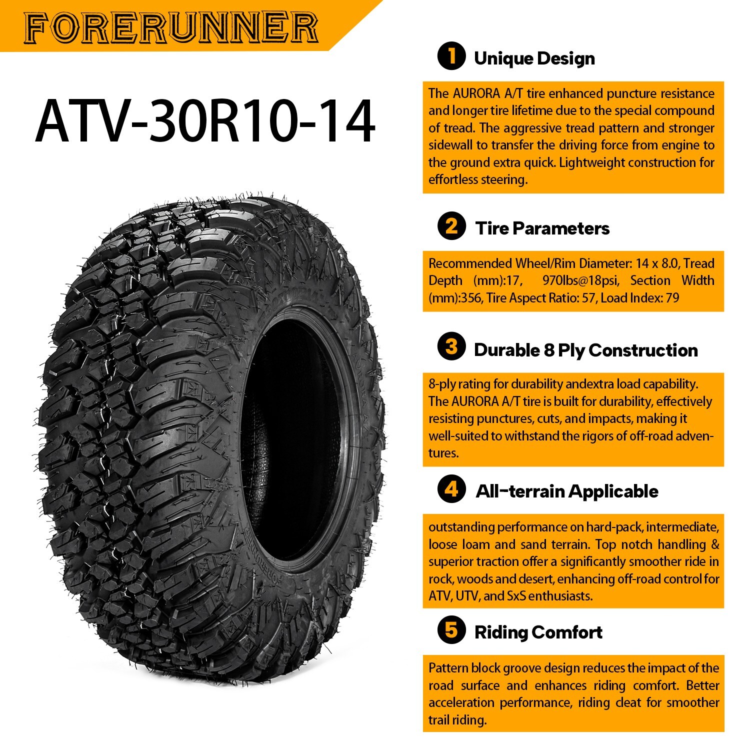 Set 4 8PR ATV Tires 30x10R-14 Radial UTV Tires 30x10x14 All Terrain Heavy Duty