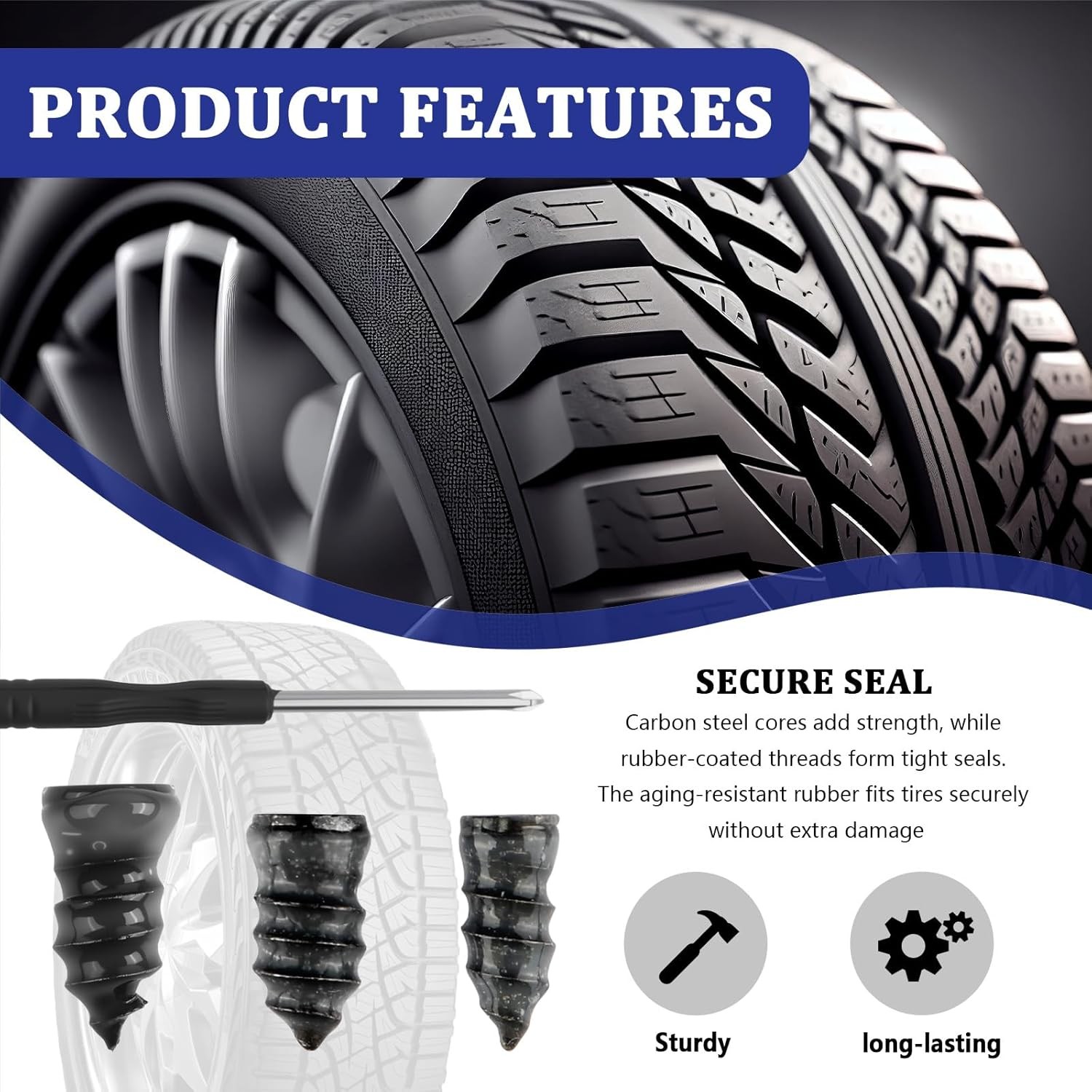 100PCS Tire Repair Screws Kit With Screwdriver 3 Sizes Rubber Plugs Flat Tires