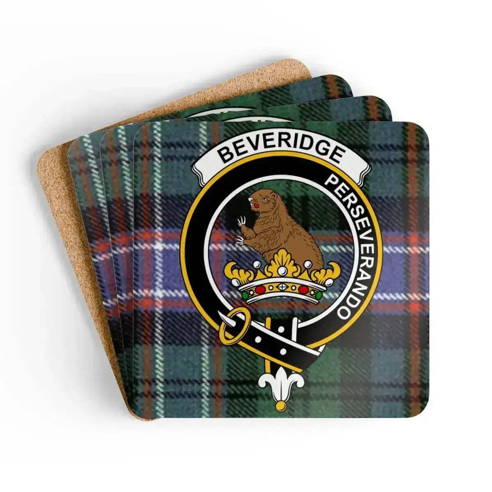 Beveridge Crest Scottish Tartan Coaster Set