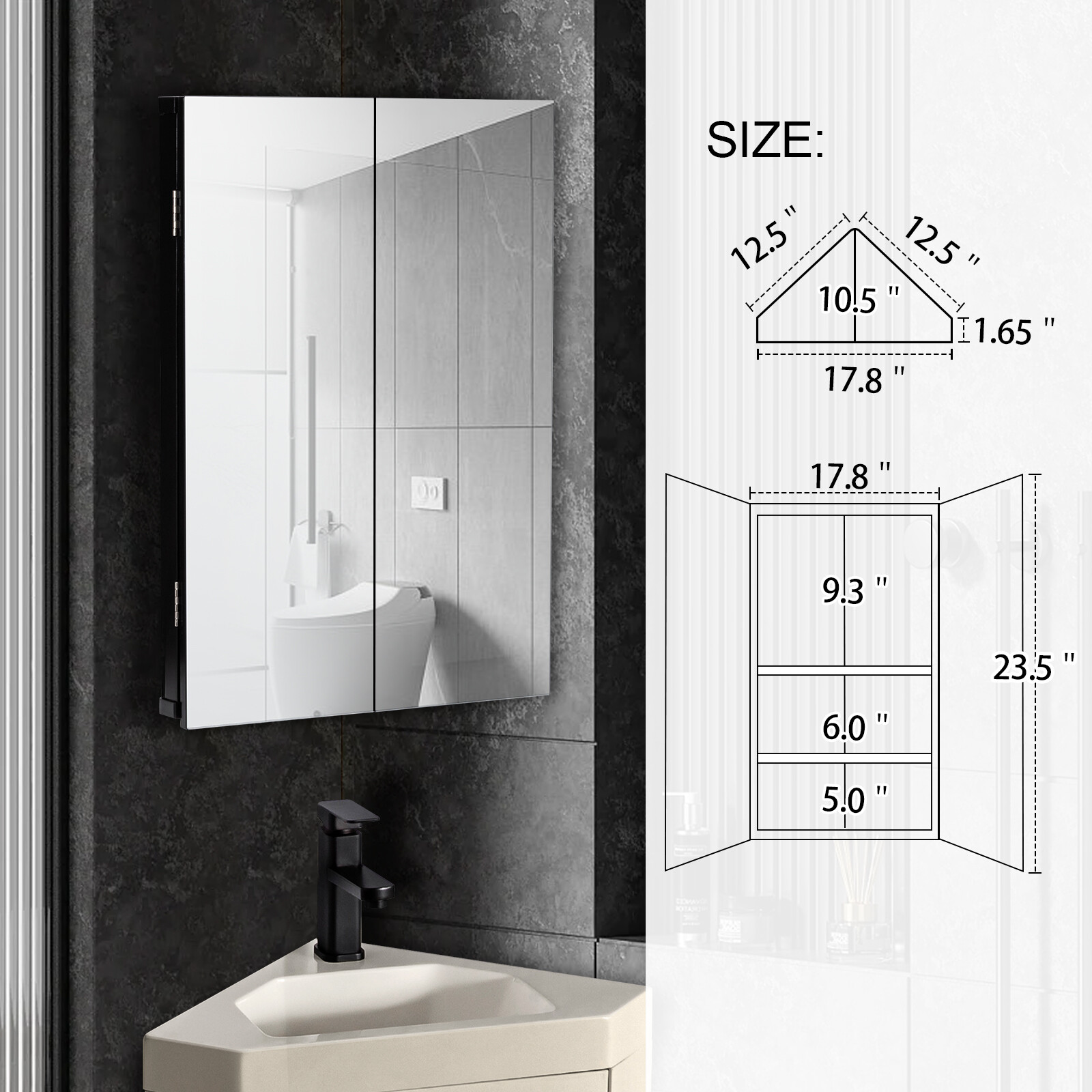 Corner Medicine Cabinet Bathroom Glass Mirrored Double Door Storage Wall Mount