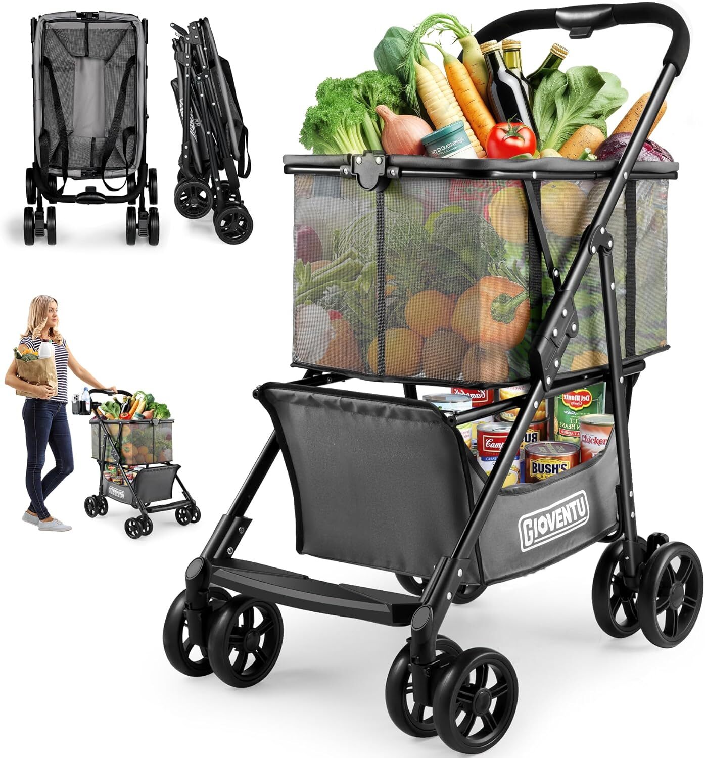 Folding Shopping Cart for Groceries(80lbs) Multifunctional Collapsible Cart
