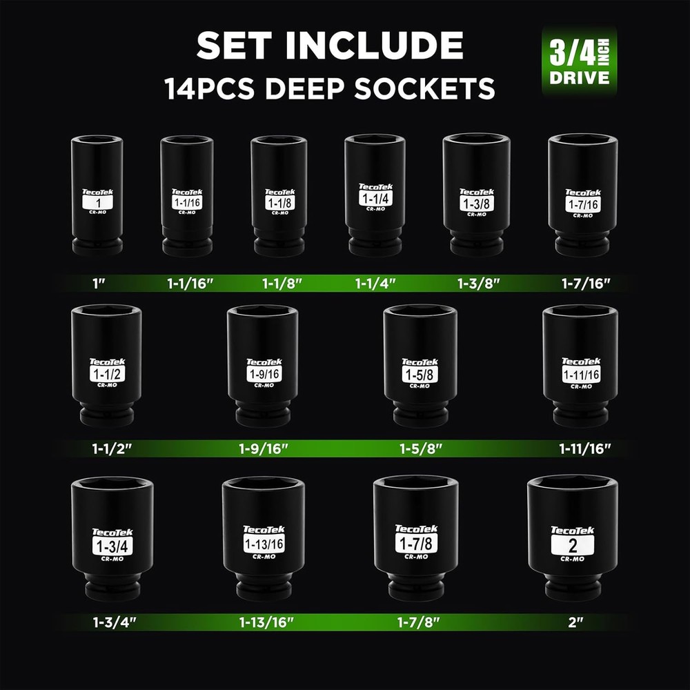 3/4" Drive Deep 6-Point Impact Socket Set, 14-Piece Heavy Duty Impact Socket