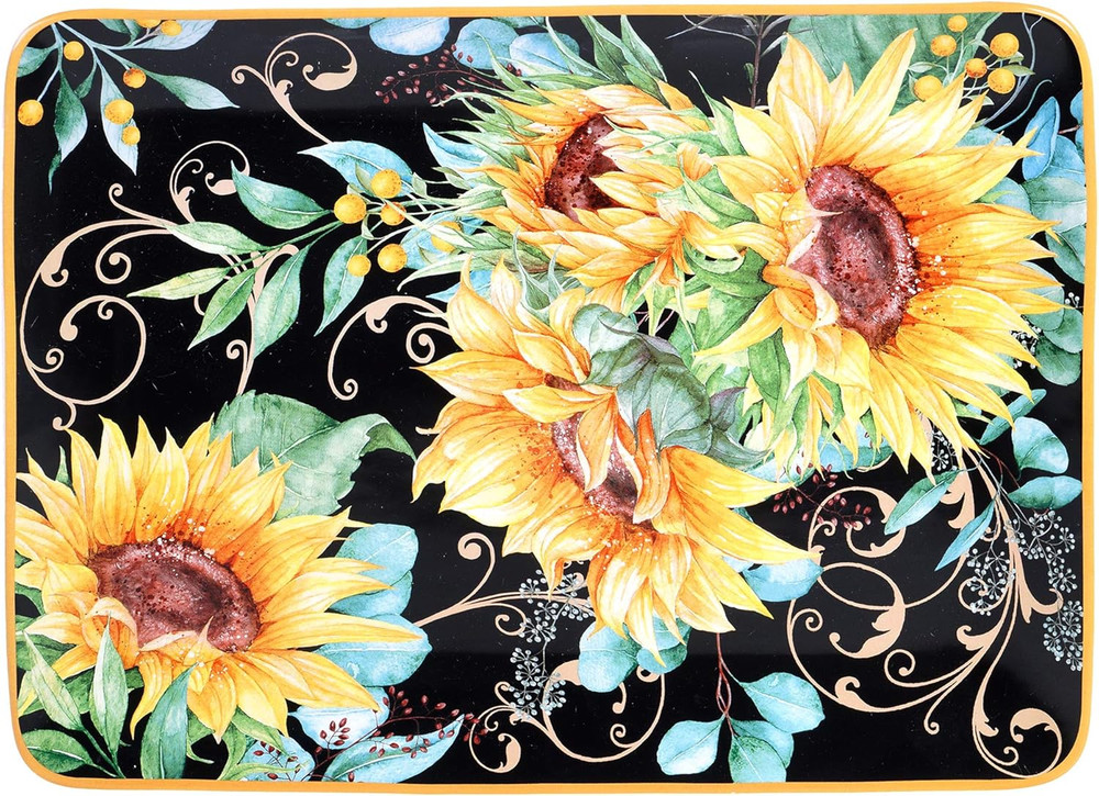 Sunflower Fields Rectangular Platter,16", Black, Large